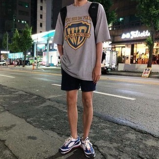 Men's Grey Print Crew-neck T-shirt, Black Shorts, White and Blue Athletic Shoes, Black Canvas Backpack