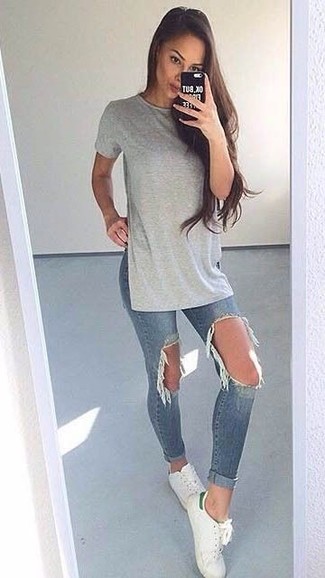 Women's Grey Crew-neck T-shirt, Blue Ripped Skinny Jeans, White Leather Low Top Sneakers