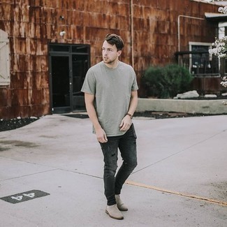 Charcoal Ripped Jeans Outfits For Men: For something on the cool and casual end, consider this pairing of a grey crew-neck t-shirt and charcoal ripped jeans. To introduce a little flair to this ensemble, complement your outfit with grey suede chelsea boots.