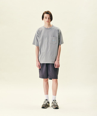 Men's Grey Crew-neck T-shirt, Charcoal Shorts, Brown Athletic Shoes, White Socks