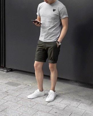 Men's Grey Print Crew-neck T-shirt, Dark Green Shorts, White Canvas Low Top Sneakers, Black Leather Watch