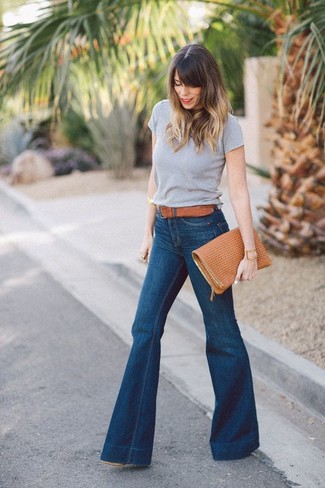 Women's Grey Crew-neck T-shirt, Navy Flare Jeans, Tobacco Leather Clutch, Tobacco Leather Belt