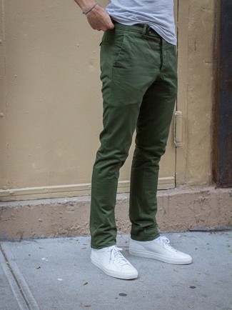 Men's Grey Crew-neck T-shirt, Olive Chinos, White Leather Low Top Sneakers