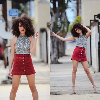 Women's Grey Cropped Top, Red Button Skirt, Grey Leather Heeled Sandals