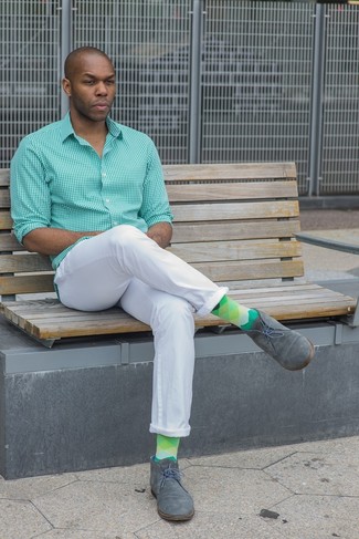 Green Gingham Long Sleeve Shirt Outfits For Men: 
