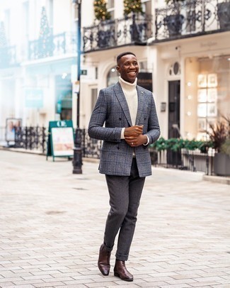 Grey Plaid Double Breasted Blazer Outfits For Men: For a look that's totally camera-worthy, rock a grey plaid double breasted blazer with charcoal wool dress pants. Dark brown leather chelsea boots are an easy way to give a hint of stylish effortlessness to your getup.
