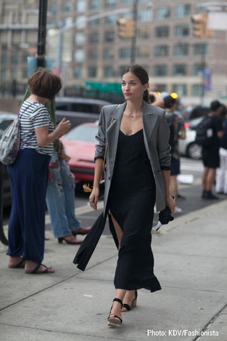 Women's Grey Double Breasted Blazer, Black Slit Maxi Dress, Black Suede Heeled Sandals