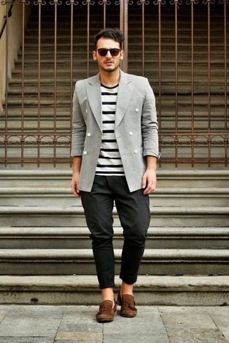 Charcoal Double Breasted Blazer Outfits For Men: For a look that's super straightforward but can be smartened up or dressed down in plenty of different ways, wear a charcoal double breasted blazer and black chinos. Go ahead and complement your look with brown suede tassel loafers for a sense of polish.