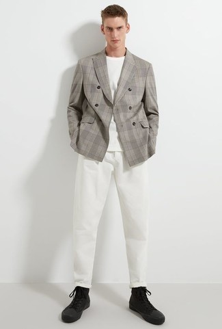 Grey Plaid Double Breasted Blazer Outfits For Men: This pairing of a grey plaid double breasted blazer and white chinos is great for dressier occasions. Let your styling expertise truly shine by finishing off this outfit with a pair of black canvas high top sneakers.