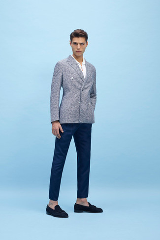 Men's Grey Wool Double Breasted Blazer, White Long Sleeve Shirt, Navy Dress Pants, Navy Suede Tassel Loafers