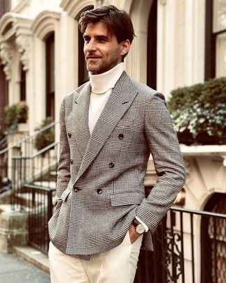 Grey Blazer Spring Outfits For Men: Turn up the sprezzatura factor in a grey blazer and white dress pants. A perfect example of transitional style, this ensemble is a must-have this spring.