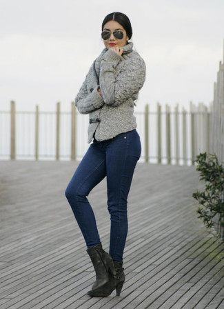 Women's Grey Knit Double Breasted Cardigan, Blue Skinny Jeans, Black Leather Ankle Boots, Black Sunglasses