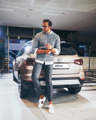 Men's White Print Leather Low Top Sneakers, Grey Wool Dress Pants, White Long Sleeve Shirt, Grey Cable Sweater