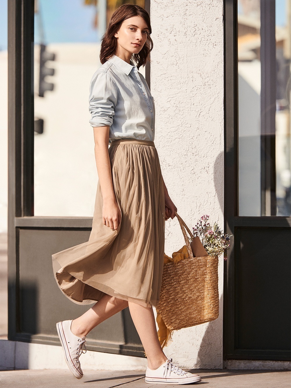 Tan skirt and white shirt sale