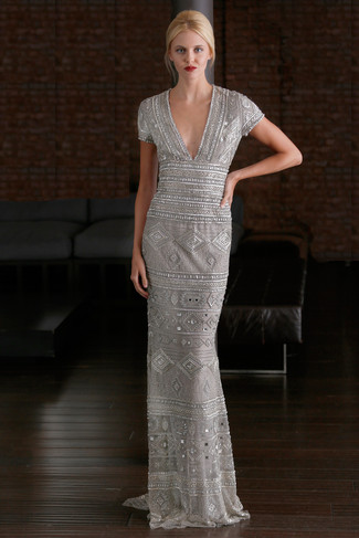Consider wearing a grey embellished evening dress for a classic silhouette.