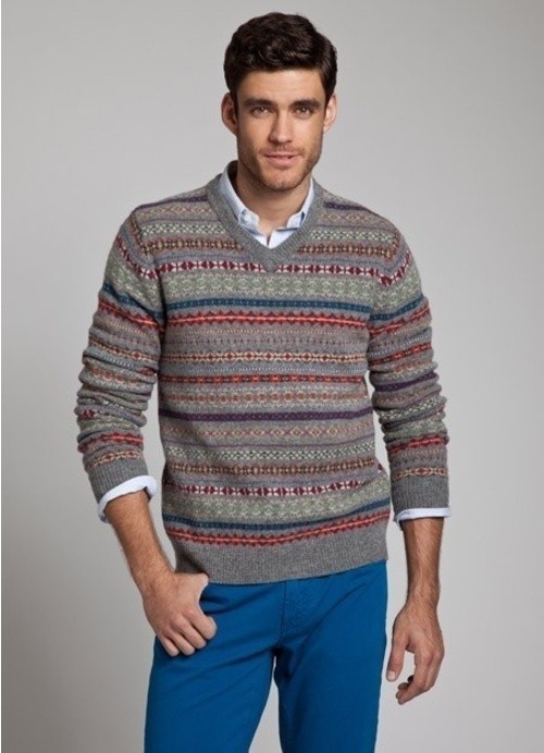 How to Wear a Grey Fair Isle V-neck Sweater (4 looks) | Men's Fashion