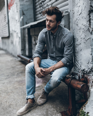 Charcoal Suede Desert Boots Outfits: A grey flannel long sleeve shirt and light blue jeans are a combo that every sharp man should have in his casual closet. Charcoal suede desert boots tie the getup together.