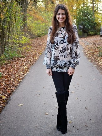 Women's Grey Floral Long Sleeve Blouse, Black Skinny Jeans, Black Suede Over The Knee Boots