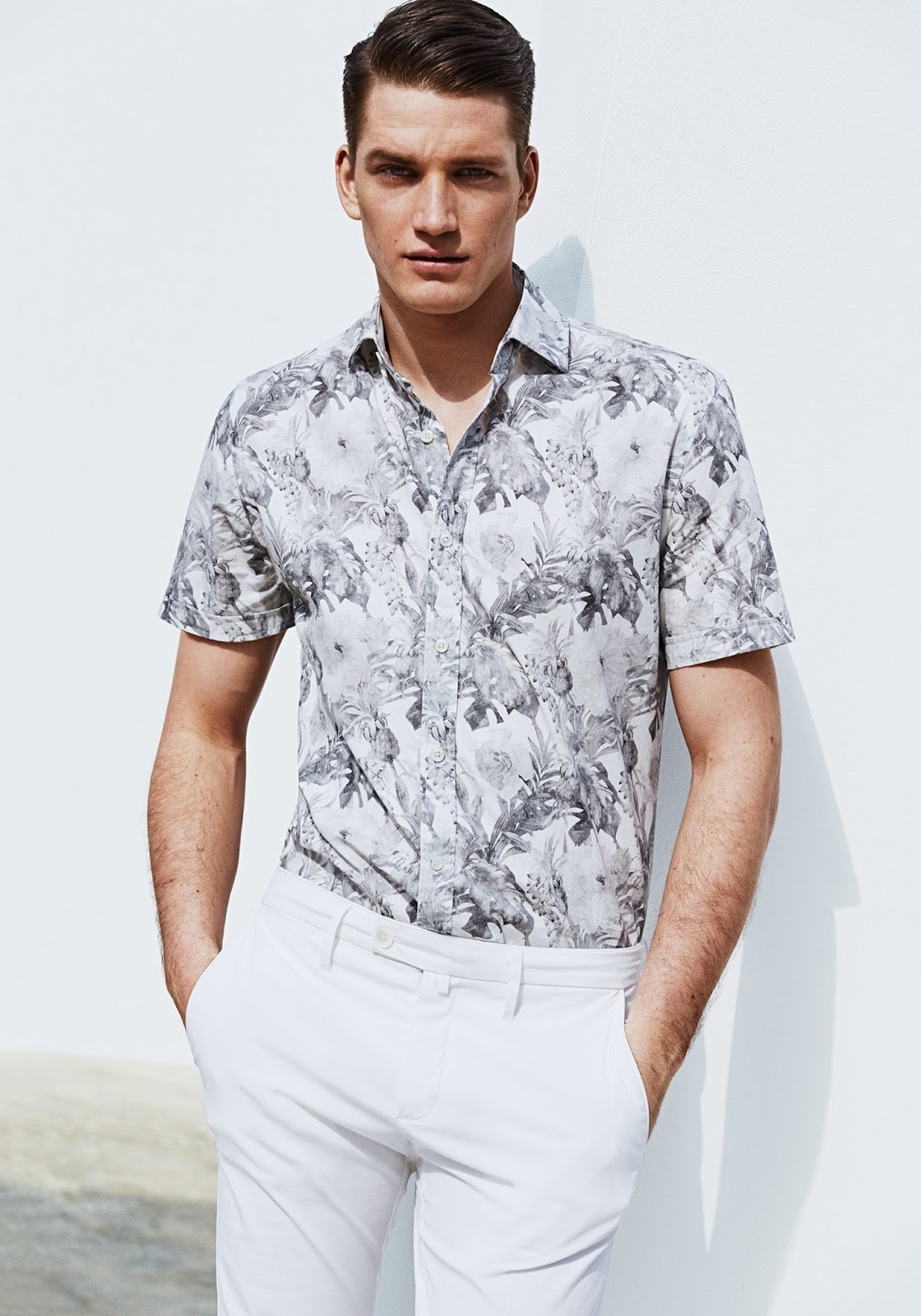 Men's Grey Floral Short Sleeve Shirt, White Dress Pants | Men's Fashion