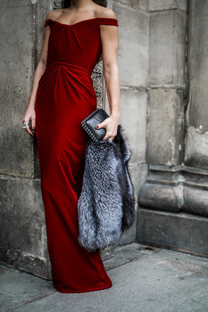 Women s Grey Fur Jacket Red Velvet Evening Dress Black Leather