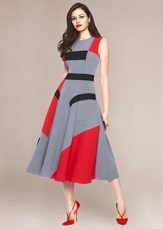 Women's Grey Geometric Midi Dress, Red Suede Pumps