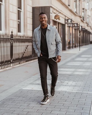Charcoal Harrington Jacket Outfits: A charcoal harrington jacket and black jeans married together are a nice match. Complement this look with black and white leather low top sneakers and you're all done and looking boss.