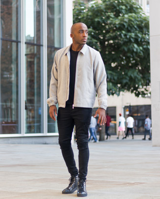 Charcoal Harrington Jacket Outfits: A charcoal harrington jacket and black ripped skinny jeans are a nice outfit to have in your casual wardrobe. Add black leather high top sneakers to the mix and the whole outfit will come together.