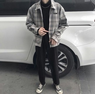 Charcoal Harrington Jacket Outfits: For a laid-back and cool outfit, rock a charcoal harrington jacket with black chinos — these pieces work nicely together. Balance out this getup with a more laid-back kind of footwear, like this pair of black and white canvas low top sneakers.