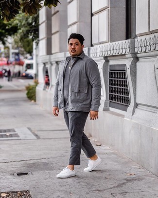Grey Harrington Jacket Outfits: Try pairing a grey harrington jacket with charcoal vertical striped chinos for a laid-back kind of refinement. White canvas low top sneakers complement this ensemble quite well.