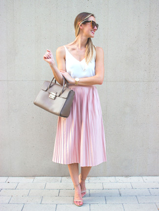 Pink Pleated Midi Skirt Outfits: 