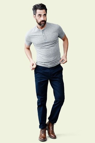 Men's Grey Henley Shirt, Navy Chinos, Brown Leather Brogue Boots