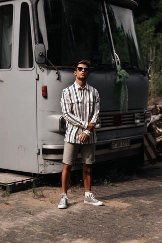 Men's Dark Brown Sunglasses, Grey Canvas High Top Sneakers, Brown Shorts, White Vertical Striped Long Sleeve Shirt