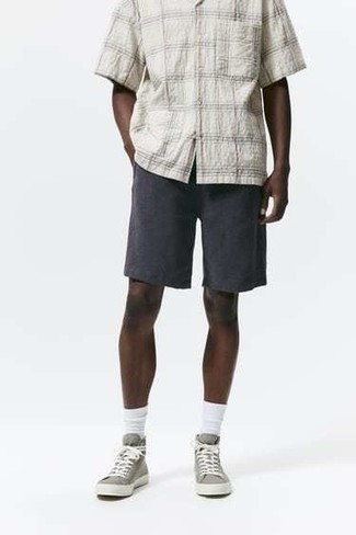 Men's White Socks, Grey Canvas High Top Sneakers, Charcoal Shorts, White Plaid Short Sleeve Shirt
