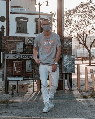 Men's Silver Watch, Grey Canvas High Top Sneakers, White Ripped Jeans, Grey Print Crew-neck T-shirt