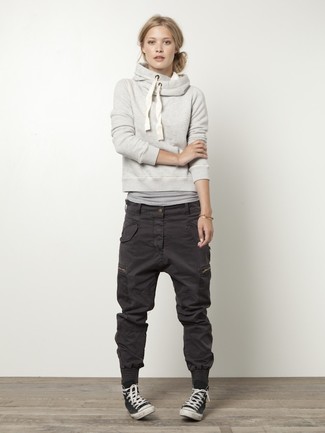 Women's Grey Hoodie, Grey Crew-neck T-shirt, Charcoal Cargo Pants, Black and White Canvas High Top Sneakers