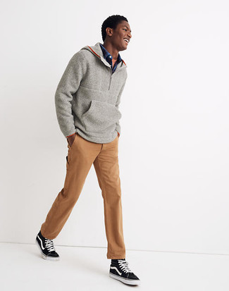 Men's Grey Knit Hoodie, Navy Plaid Long Sleeve Shirt, Tobacco Chinos, Black and White Canvas High Top Sneakers