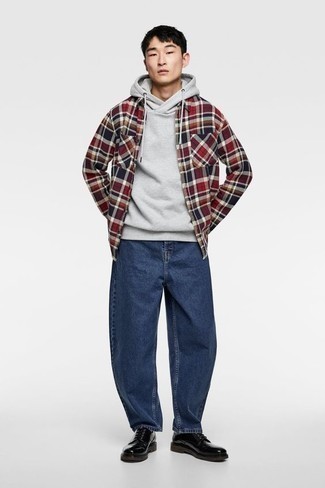 Men's Grey Hoodie, White and Red and Navy Plaid Long Sleeve Shirt, Navy Jeans, Black Leather Derby Shoes