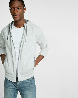 White Crew-neck T-shirt with Charcoal Hoodie Outfits For Men: If you're searching for a relaxed casual but also stylish outfit, go for a charcoal hoodie and a white crew-neck t-shirt.