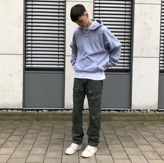 Cargo Pants Outfits: You're looking at the hard proof that a grey hoodie and cargo pants look awesome when paired together in an urban ensemble. If not sure as to the footwear, stick to a pair of white leather low top sneakers.
