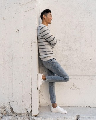 Men's Grey Horizontal Striped Crew-neck Sweater, Light Blue Jeans, White Leather Low Top Sneakers