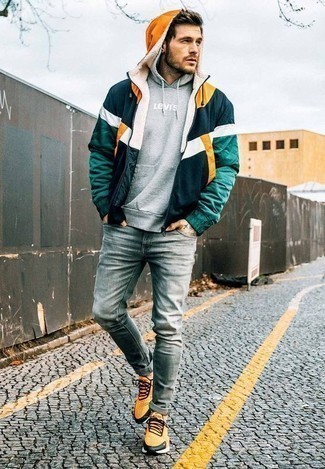 Teal Print Hoodie Outfits For Men: 