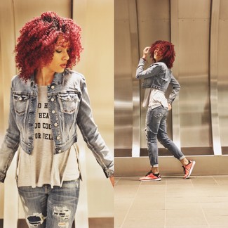 White and Red Print Crew-neck T-shirt Outfits For Women: 