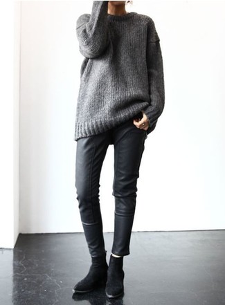 Women's Grey Knit Oversized Sweater, Black Leather Skinny Pants, Black Suede Ankle Boots