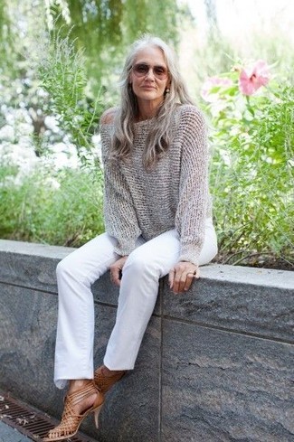 Women's Grey Knit Oversized Sweater, White Jeans, Tan Leather Heeled Sandals