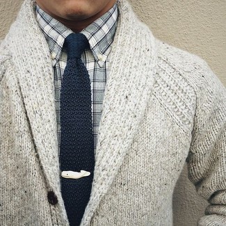 Grey Knit Shawl Cardigan Outfits For Men: This off-duty combo of a grey knit shawl cardigan and a grey gingham long sleeve shirt is a never-failing option when you need to look good but have no time.
