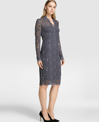 Charcoal Lace Sheath Dress Outfits: For an ensemble that's nothing less than Vogue-worthy, consider wearing a charcoal lace sheath dress. The whole look comes together if you add a pair of black suede pumps to this look.