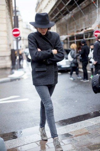 Women's Black Wool Hat, Grey Suede Lace-up Ankle Boots, Charcoal Skinny Jeans, Charcoal Coat