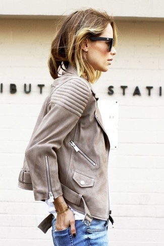 Grey Leather Collarless Biker Jacket