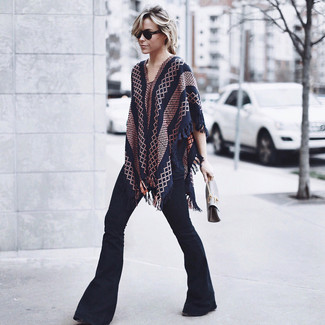 Navy Print Poncho Outfits: 