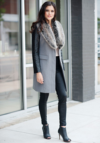 Women's Grey Leather Coat, Black Leather Skinny Pants, Black Cutout Leather Ankle Boots